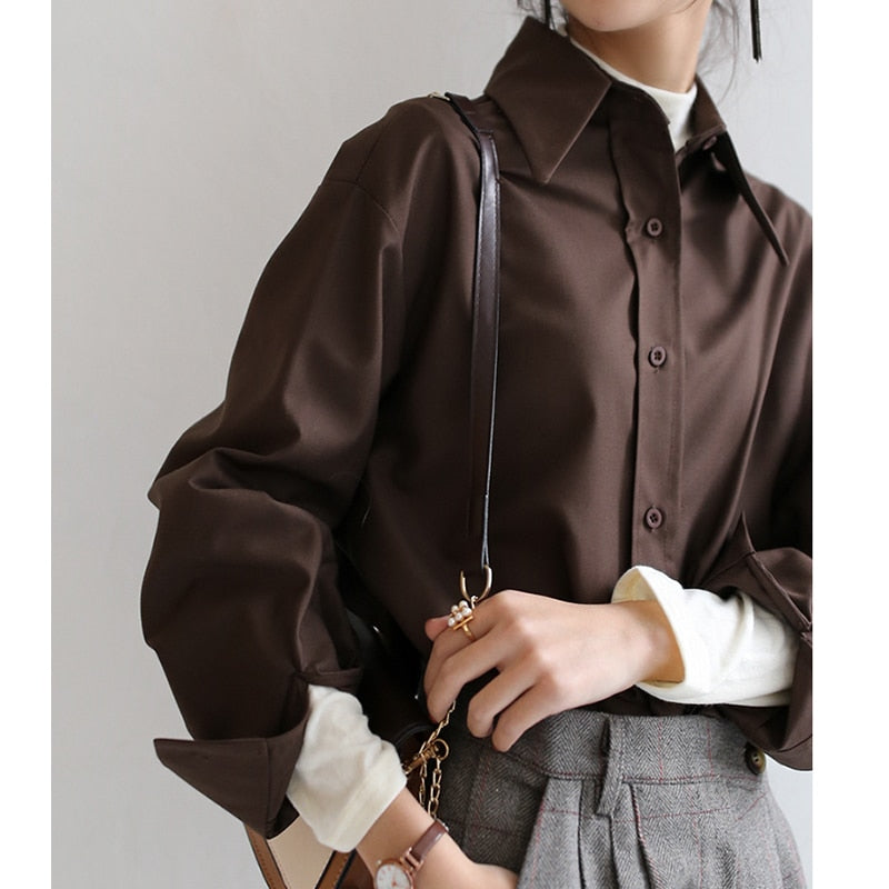 Xakxx - Coffee Blouse Women Spring Autumn Casual Solid Color Long Sleeve Shirt Women Korean Loose Shirt OL Style Workwear Plus Size S-XL