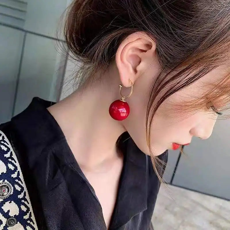 xakxx Korean Trendy Elegant Shiny Round White Red Champagne Pearl Hoop Drop Earrings Circle Ball Bead Pendant Dangle Women's Gift