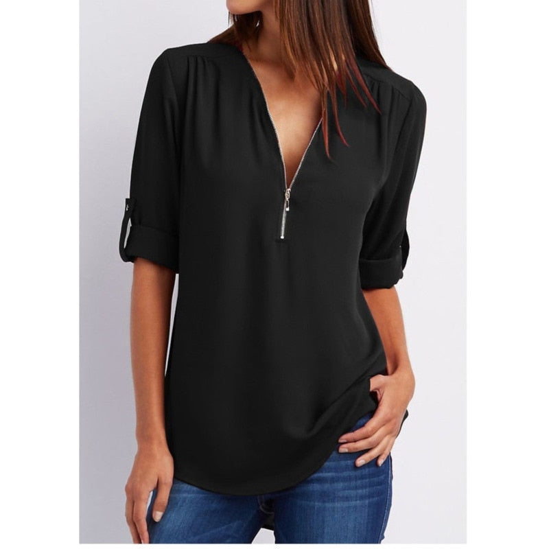Xakxx - Women Shirts Summer Autumn Casual V-neck Chiffon Blouse Women Top Camisa Feminina Long Sleeve Black White Ladies Blouses Shirt