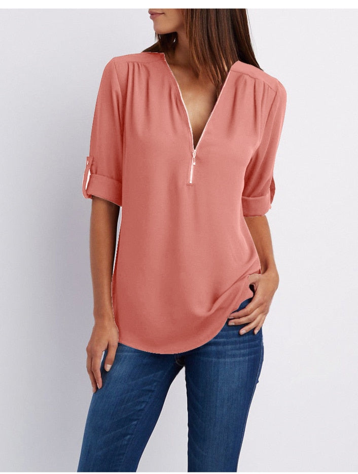 Xakxx - Women Shirts Summer Autumn Casual V-neck Chiffon Blouse Women Top Camisa Feminina Long Sleeve Black White Ladies Blouses Shirt