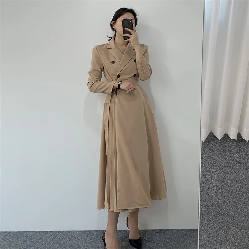 Autumn Pleated Long Sleeve Trench Dress Women Elegant Vintage Office Ladies Dresses xakxx Korean Casual Woman Dress Vestidos