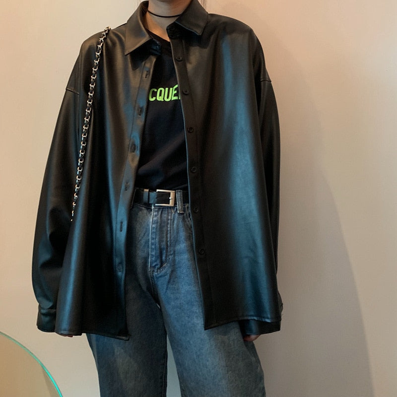 Xakxx - New Women oversized PU leather blouses Spring Autumn Black Faux Leather Basic Coat Turn-down Collar Motor Biker Jacket