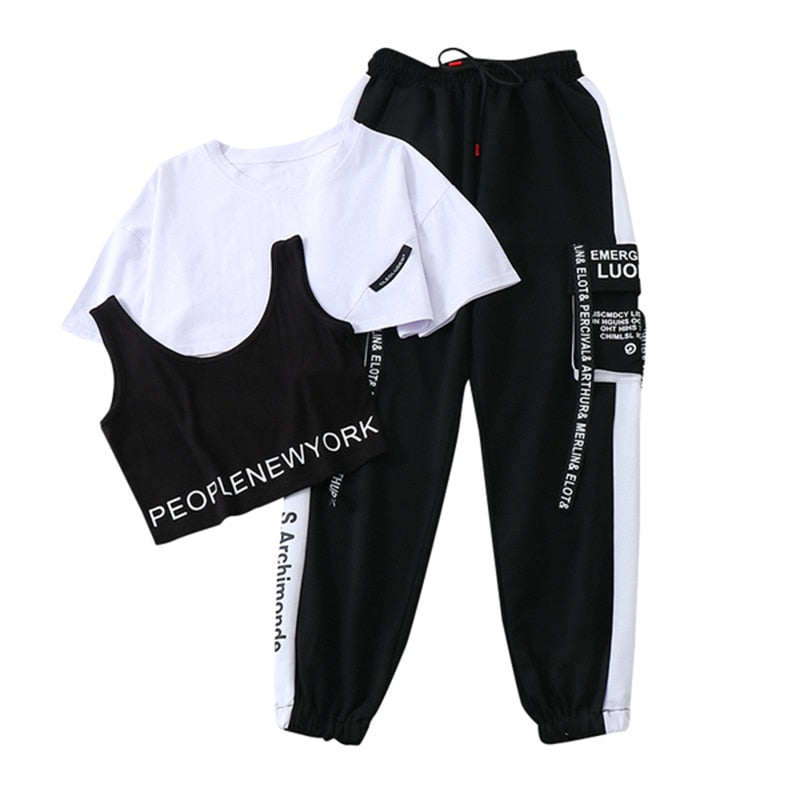 Purpdrank - 3 Pieces Set Summer Women Cargo Pants Suit Set Streetwear Outfit Harajuku Short Sleeve Trousers & Crop Tops Tee Shirt