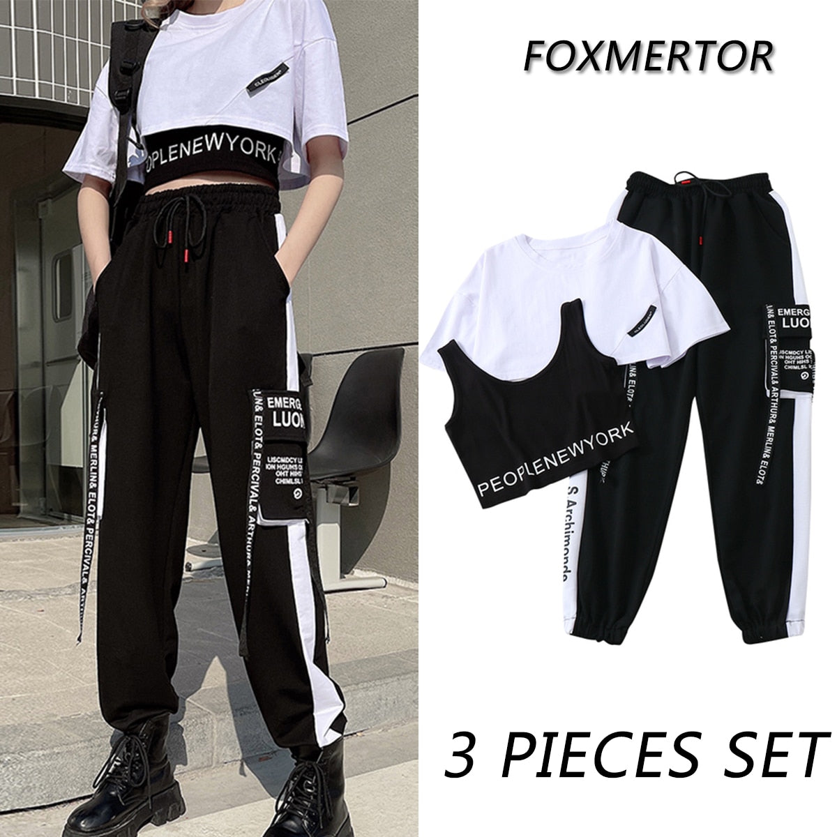 Purpdrank - 3 Pieces Set Summer Women Cargo Pants Suit Set Streetwear Outfit Harajuku Short Sleeve Trousers & Crop Tops Tee Shirt