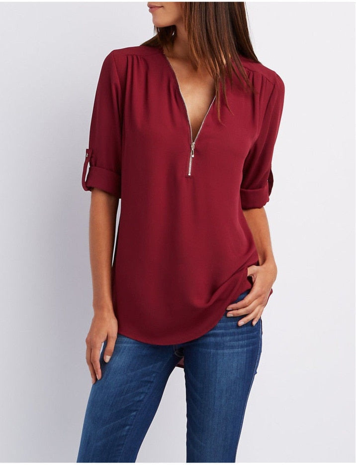 Xakxx - Women Shirts Summer Autumn Casual V-neck Chiffon Blouse Women Top Camisa Feminina Long Sleeve Black White Ladies Blouses Shirt