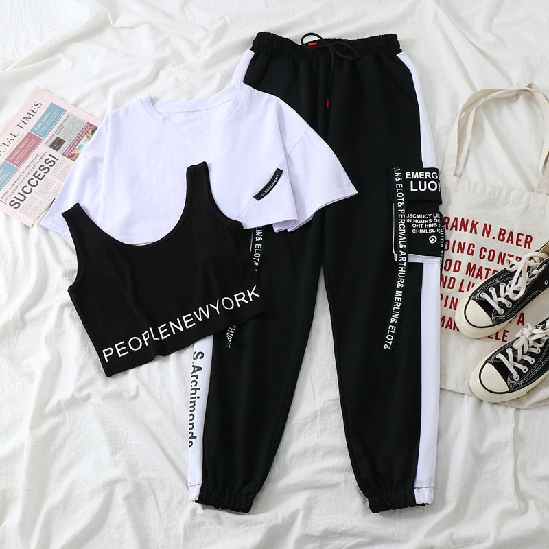 Purpdrank - 3 Pieces Set Summer Women Cargo Pants Suit Set Streetwear Outfit Harajuku Short Sleeve Trousers & Crop Tops Tee Shirt