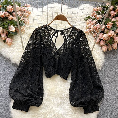 Xakxx - Autumn Black/White/Brown Sexy Lace Blouse Women Elegant V-Neck Puff Long Sleeve Open Back Short Tops Female Party Blusas 2023