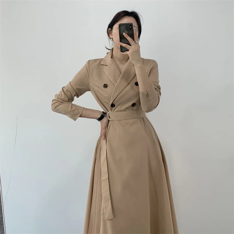 Autumn Pleated Long Sleeve Trench Dress Women Elegant Vintage Office Ladies Dresses xakxx Korean Casual Woman Dress Vestidos