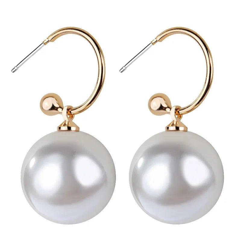 xakxx Korean Trendy Elegant Shiny Round White Red Champagne Pearl Hoop Drop Earrings Circle Ball Bead Pendant Dangle Women's Gift