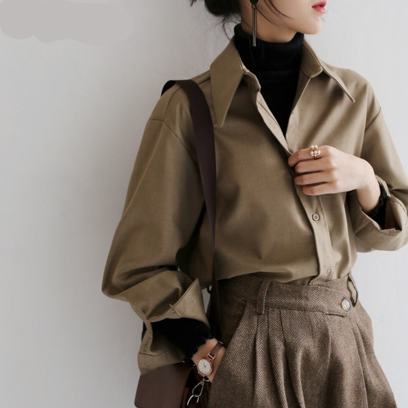 Xakxx - Coffee Blouse Women Spring Autumn Casual Solid Color Long Sleeve Shirt Women Korean Loose Shirt OL Style Workwear Plus Size S-XL