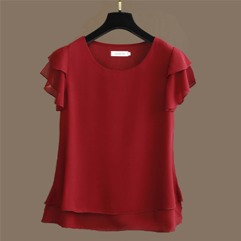 Xakxx - New Summer Women Blouse Loose O-Neck Chiffon Shirt Female Short Sleeve Blouse Oversized Shirts womens tops and blouses Top