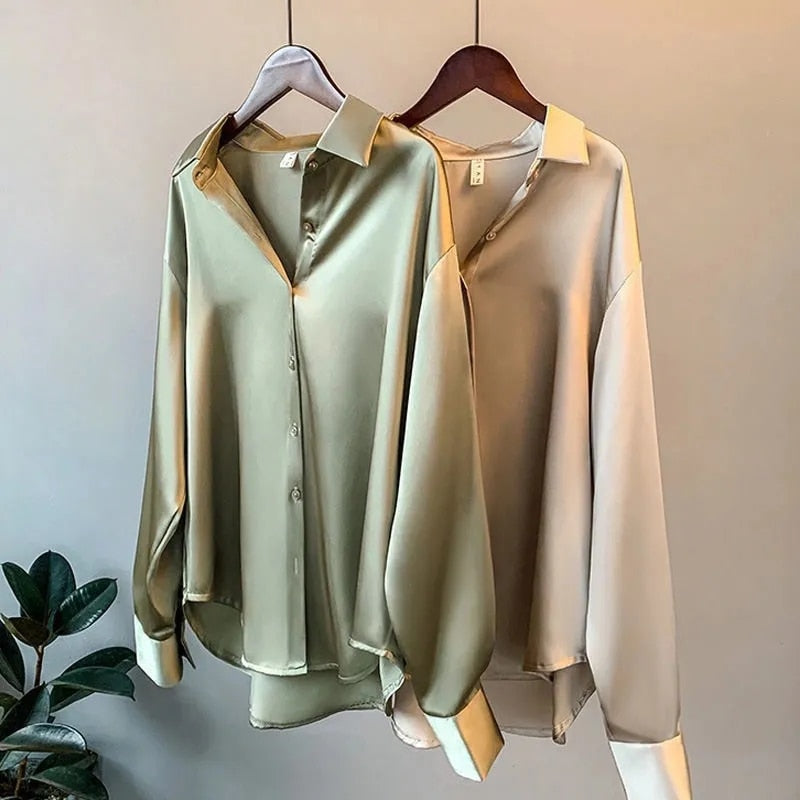 Xakxx - Spring Womens Clothing Silk Shirt Vintage Blouse Women Sheer Top Women Longsleeve Dress Shirt Plus Size Woman Overshirt