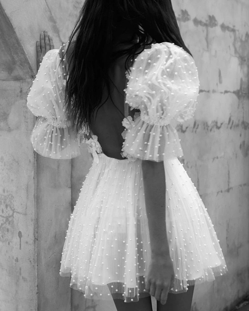 Purpdrank - 2023 Short Wedding Dresses Plunging V-Neck Half Sleeves Pearls Flowers Mini Bride Dresses Sexy Backless Illusion Formal Wedding Gowns