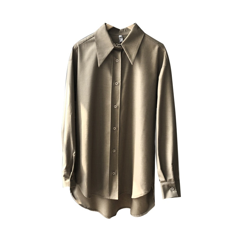 Xakxx - Coffee Blouse Women Spring Autumn Casual Solid Color Long Sleeve Shirt Women Korean Loose Shirt OL Style Workwear Plus Size S-XL