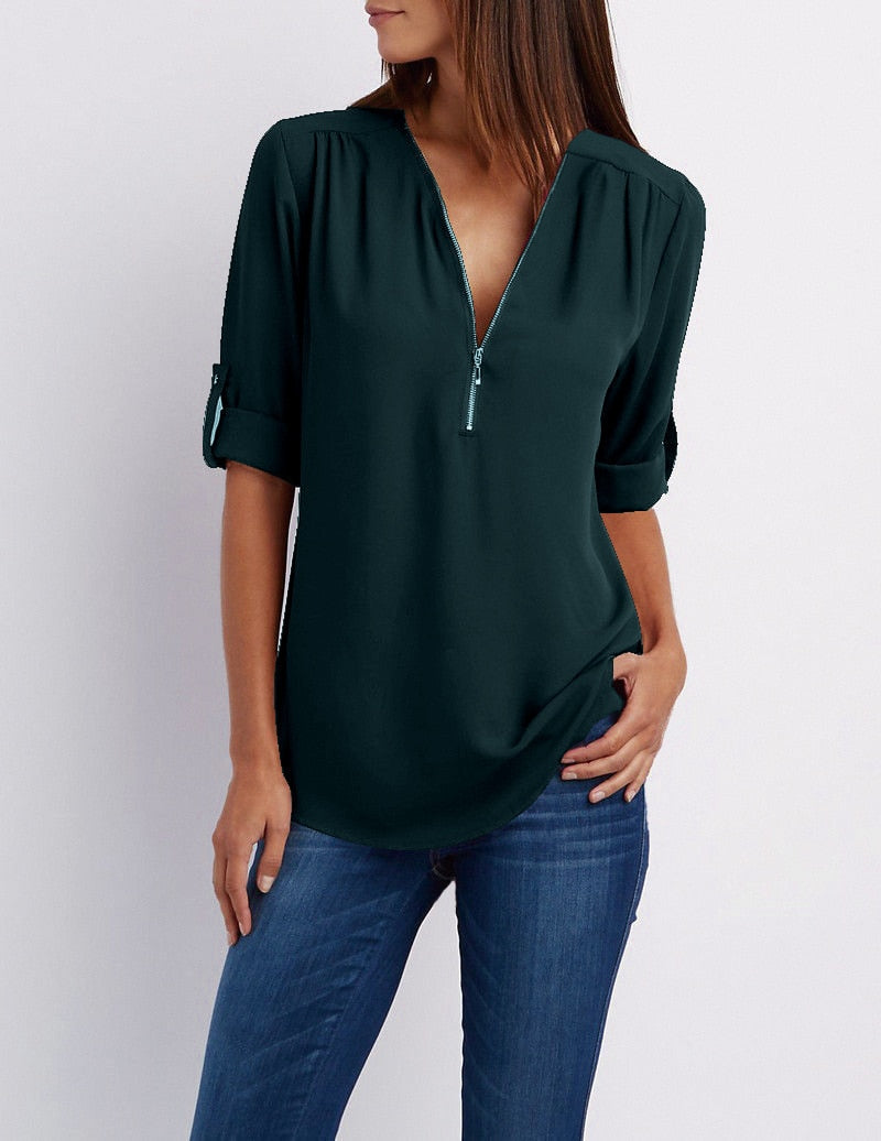 Xakxx - Women Shirts Summer Autumn Casual V-neck Chiffon Blouse Women Top Camisa Feminina Long Sleeve Black White Ladies Blouses Shirt