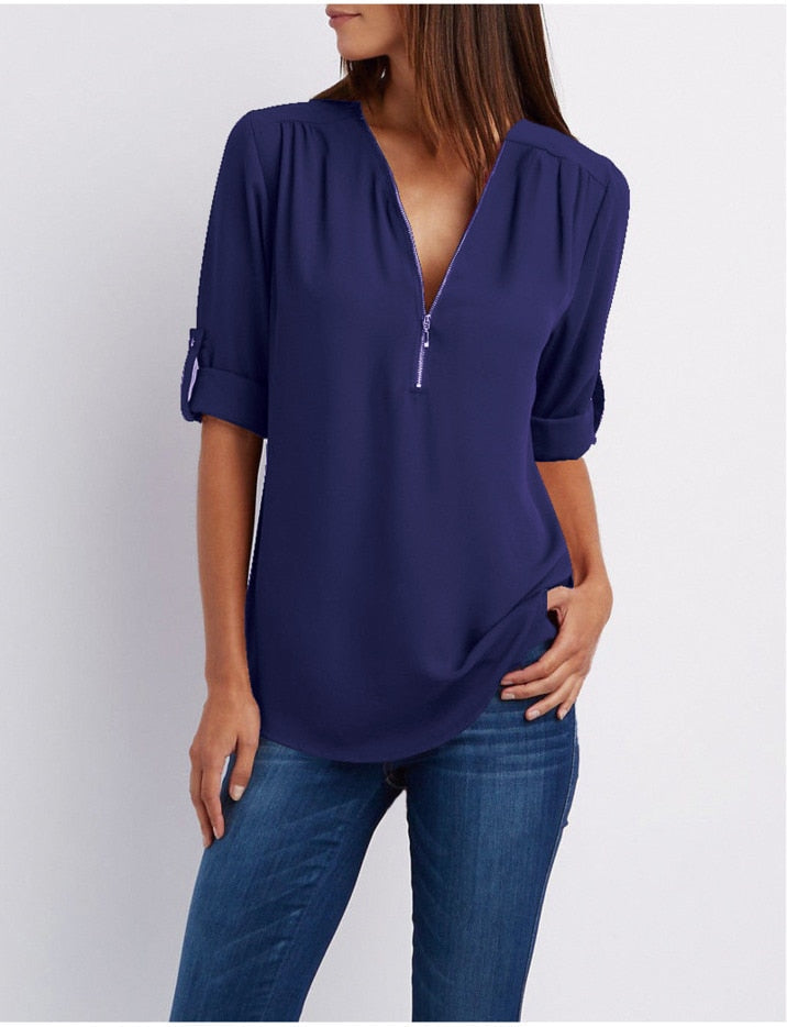 Xakxx - Women Shirts Summer Autumn Casual V-neck Chiffon Blouse Women Top Camisa Feminina Long Sleeve Black White Ladies Blouses Shirt