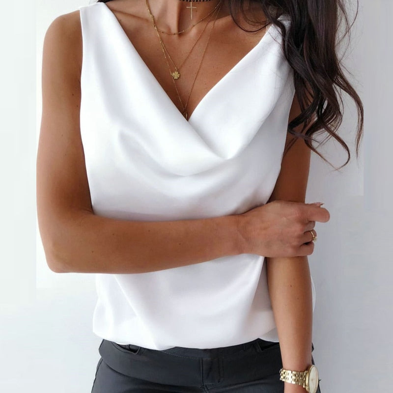 Xakxx - Silk Blouse Shirt Women Tops Summer High Quality Chain Halter Blouse Shirt Elegant Office Lady Basic Solid Sleeveless Blusa