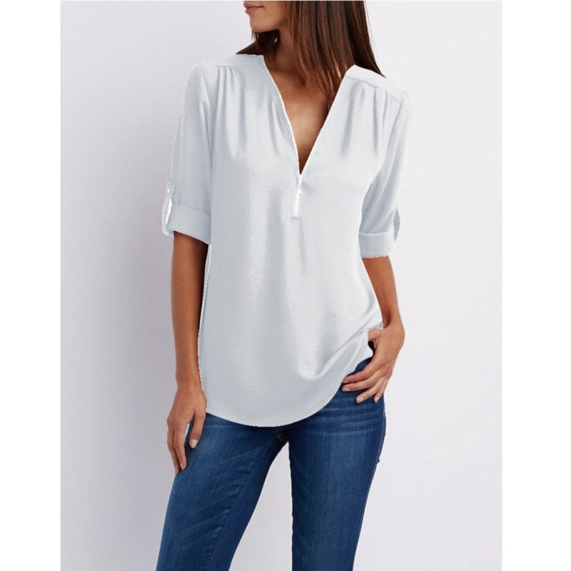 Xakxx - Women Shirts Summer Autumn Casual V-neck Chiffon Blouse Women Top Camisa Feminina Long Sleeve Black White Ladies Blouses Shirt