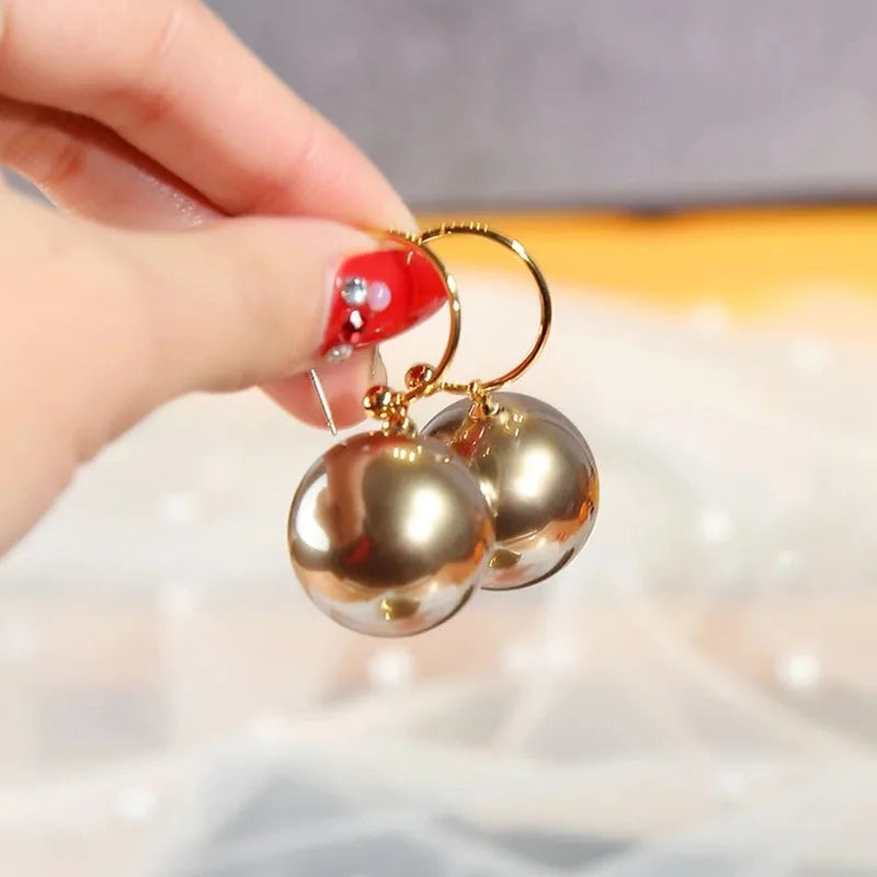 xakxx Korean Trendy Elegant Shiny Round White Red Champagne Pearl Hoop Drop Earrings Circle Ball Bead Pendant Dangle Women's Gift