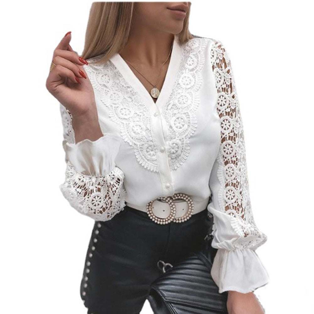 Xakxx - Women Sexy Lace Patchwork Hollow Out Shirt Blouse Long Sleeve O-Neck Mesh Design Tops Spring White Vintage Button Shirts