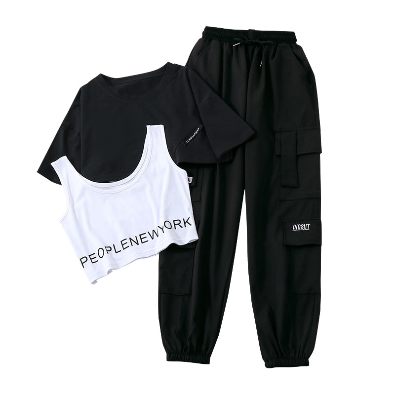 Purpdrank - 3 Pieces Set Summer Women Cargo Pants Suit Set Streetwear Outfit Harajuku Short Sleeve Trousers & Crop Tops Tee Shirt