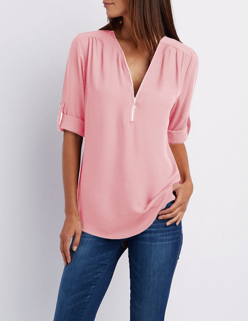 Xakxx - Women Shirts Summer Autumn Casual V-neck Chiffon Blouse Women Top Camisa Feminina Long Sleeve Black White Ladies Blouses Shirt