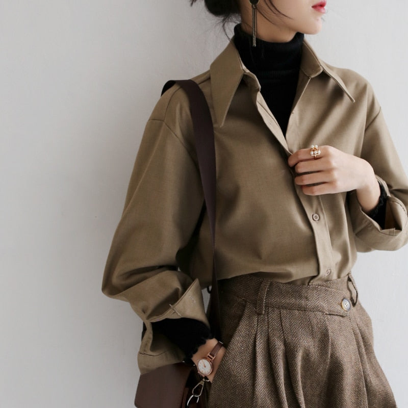 Xakxx - Coffee Blouse Women Spring Autumn Casual Solid Color Long Sleeve Shirt Women Korean Loose Shirt OL Style Workwear Plus Size S-XL