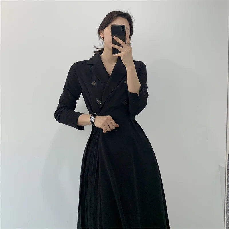 Autumn Pleated Long Sleeve Trench Dress Women Elegant Vintage Office Ladies Dresses xakxx Korean Casual Woman Dress Vestidos