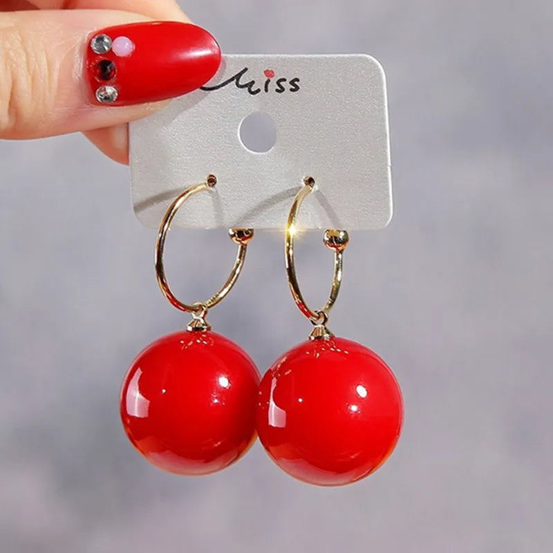 xakxx Korean Trendy Elegant Shiny Round White Red Champagne Pearl Hoop Drop Earrings Circle Ball Bead Pendant Dangle Women's Gift