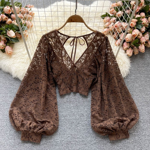Xakxx - Autumn Black/White/Brown Sexy Lace Blouse Women Elegant V-Neck Puff Long Sleeve Open Back Short Tops Female Party Blusas 2023