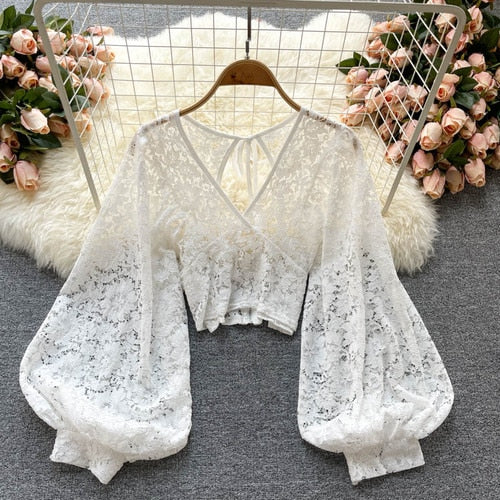 Xakxx - Autumn Black/White/Brown Sexy Lace Blouse Women Elegant V-Neck Puff Long Sleeve Open Back Short Tops Female Party Blusas 2023