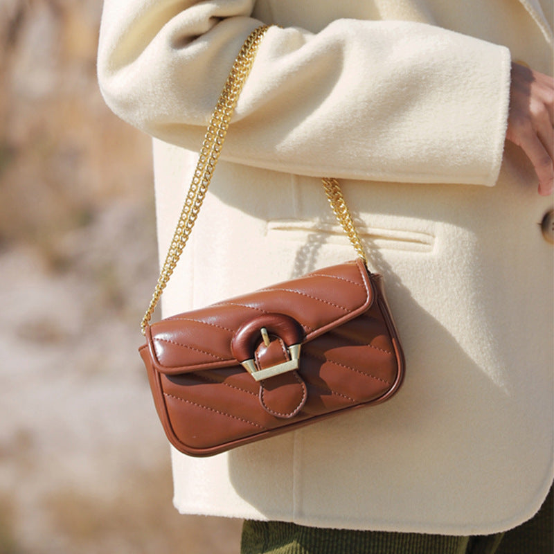XAKXX 2025 light luxury shoulder bag popular new small fragrant wind embroidery thread chain underarm bag high-end wooden buckle messenger bag women