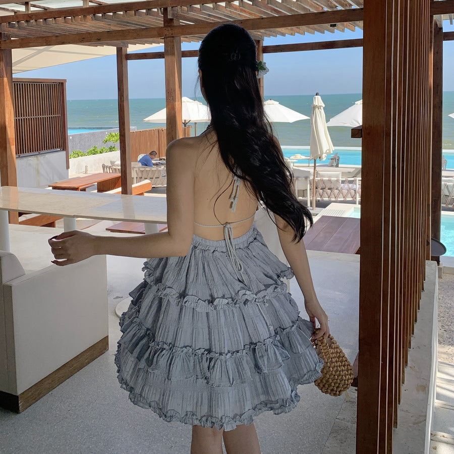 2025 Thailand Sanya seaside vacation wear with fungus edge sexy V-neck halter suspender dress small cake dress