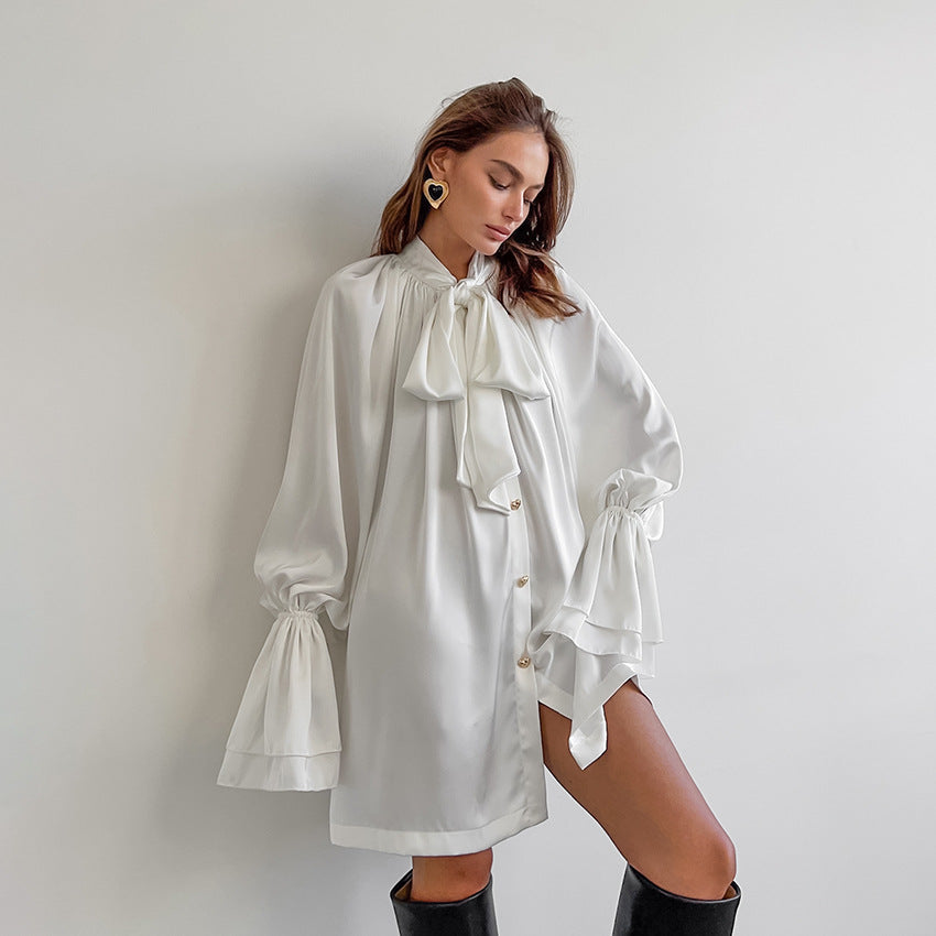 XAKXX Autumn and winter casual temperament thick matte satin versatile loose streamer collar horn sleeve lace-up women's dress white
