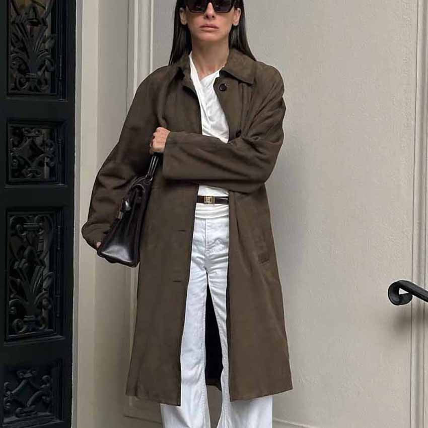XAKXX 2025 spring and summer casual versatile retro classic brown long knitted suede long-sleeved tooling trench coat women