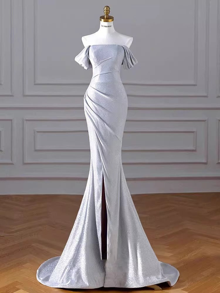 2025 Silver shoulder toast suit sexy slim annual meeting catwalk host evening dress fish tail waist dress women