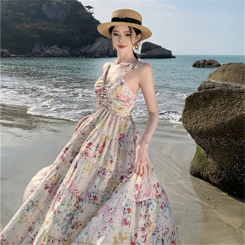 2025 Premium floral print suspender skirt seaside vacation dating fairy wear halter slim dress women's summer