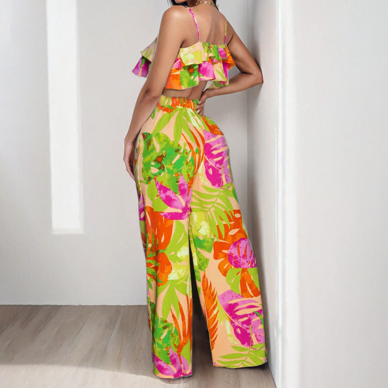 2025 2025 women's clothing 2025 spring new temperament printing casual suspender lotus leaf edge large size two-piece fashion suit