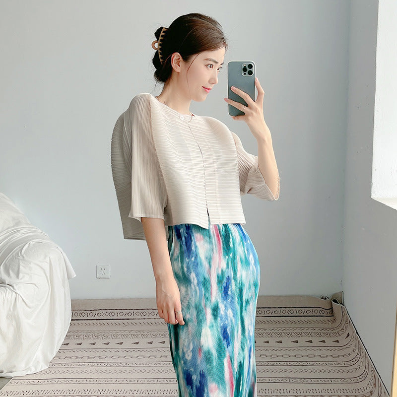 2025 women's pleated top temperament one button spring and summer new outer small cardigan five-quarter sleeve thin short coat