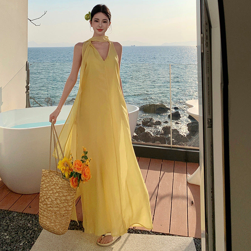 2025 Island beautiful atmosphere holiday style streamer dress girl high sense loose meat holiday dress