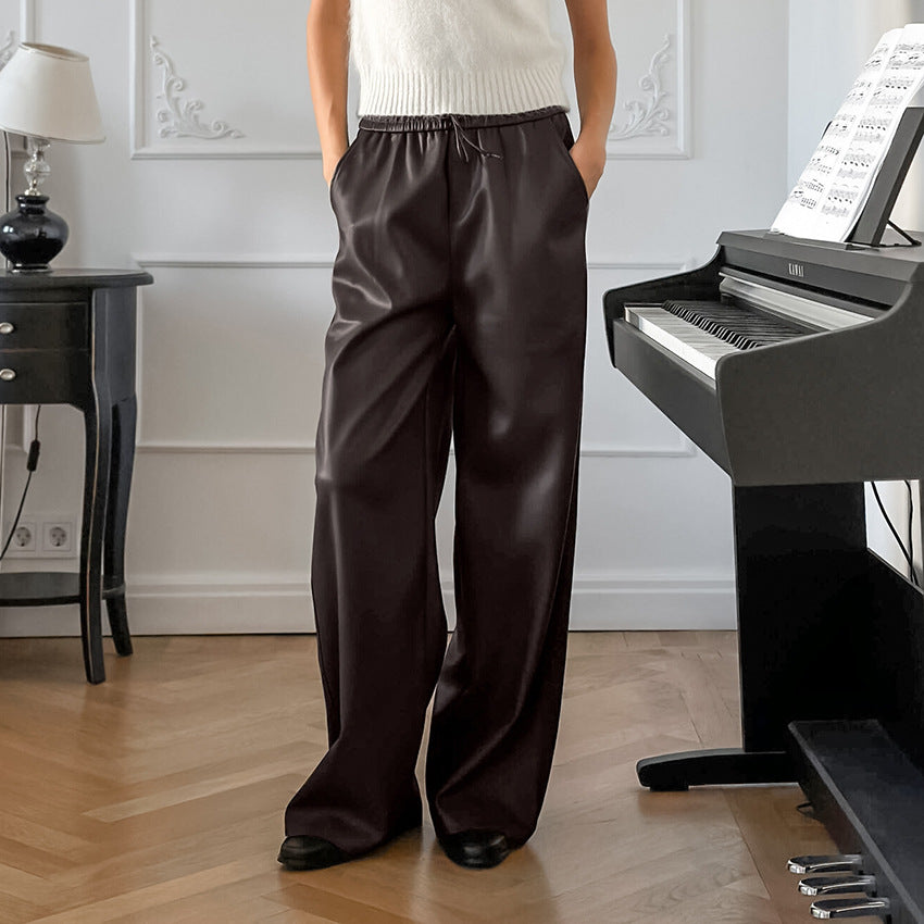 XAKXX Autumn and winter fashion sexy temperament gray velvet matte leather pants retro high-waisted women's casual trousers