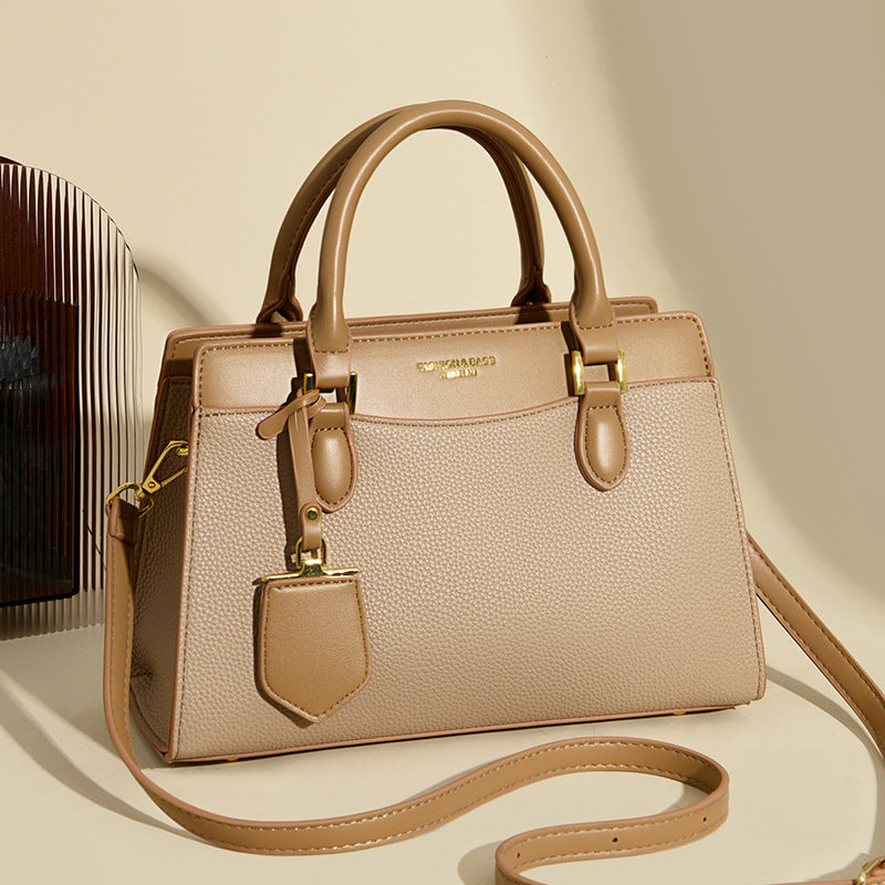 Handbag autumn new simple temperament women's bag lychee pattern splicing contrasting color shoulder bag commuter messenger bag