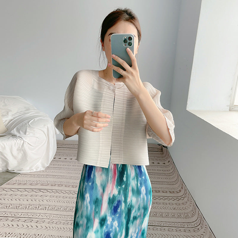 2025 women's pleated top temperament one button spring and summer new outer small cardigan five-quarter sleeve thin short coat