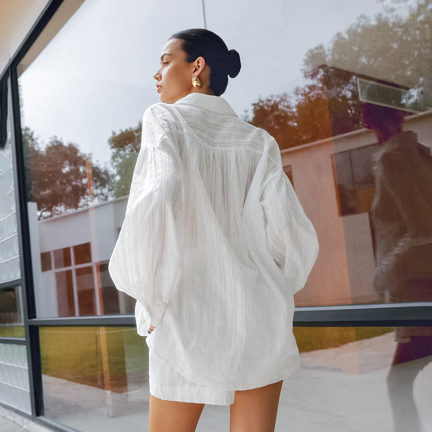 XAKXX Spring and summer fashion simple style versatile comfortable white cotton loose convex jacquard sexy long-sleeved shorts two-piece set