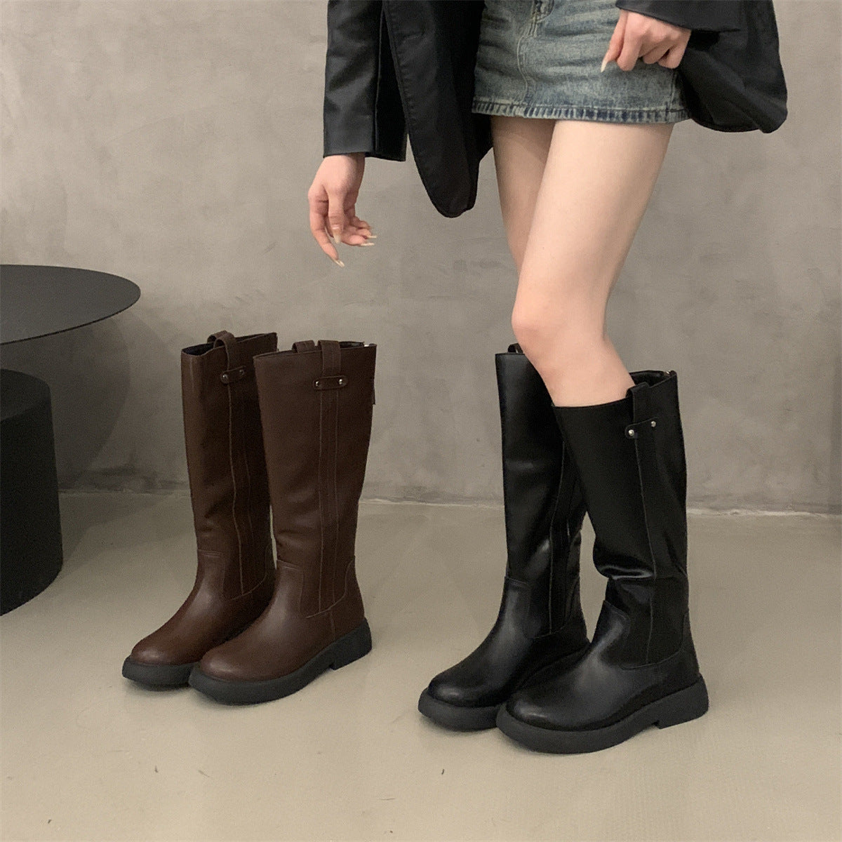 2025 Thick-soled and thin versatile knight boots long boots women's shoes autumn and winter popular new black long boots spring and autumn single boots