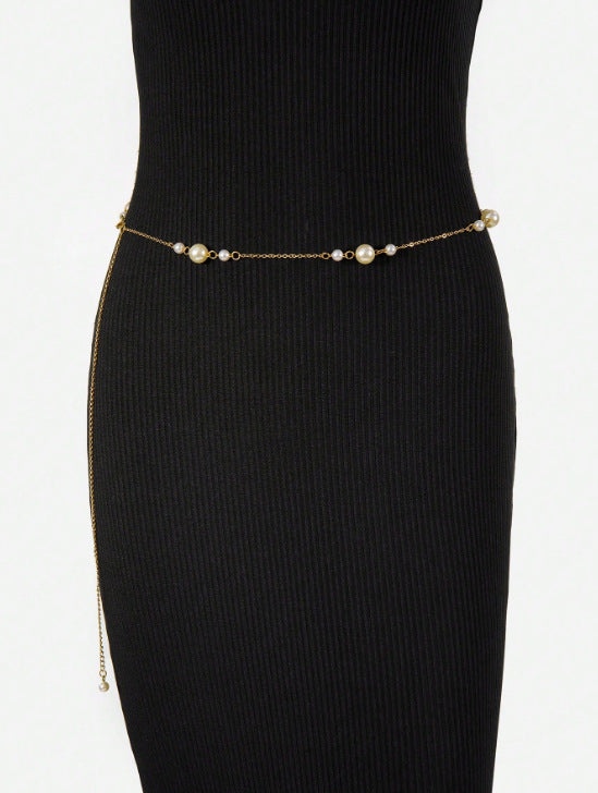 4637 New size pearl waist chain women's versatile decorative 2025 dress sweet metal waist chain body chain