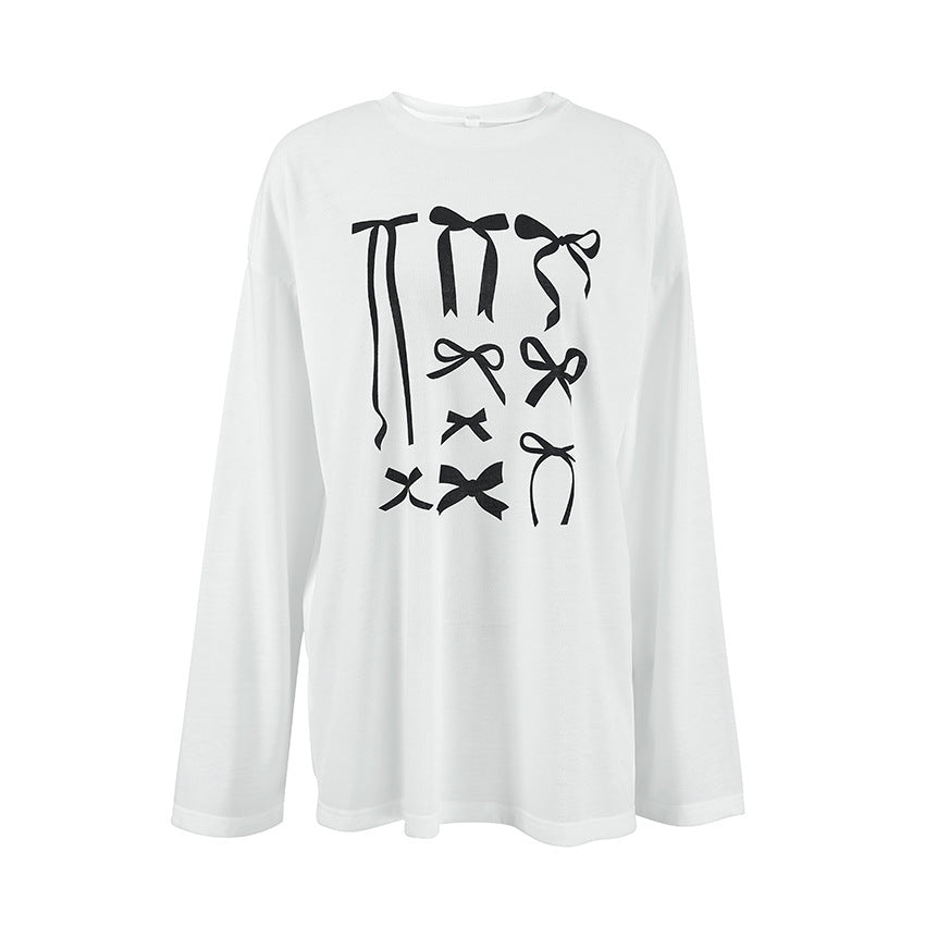 XAKXX 2025Crew neck loose pullover bow graffiti printing casual T-shirt popular 2025 autumn and winter fashion new inner women