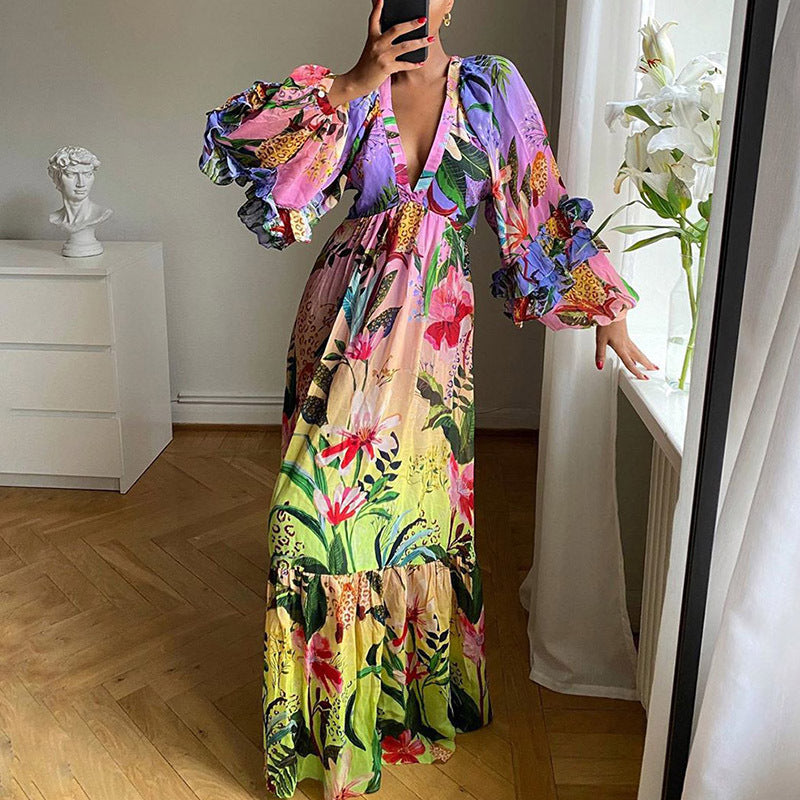 2025 New summer new 2025 women's clothing printing gradual change color dress ruffle V-neck sexy and thin dress