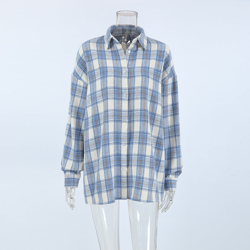 XAKXX Beach casual blue fashion temperament polyester cotton plaid shirt autumn and winter 2025 commuting loose versatile women's clothing