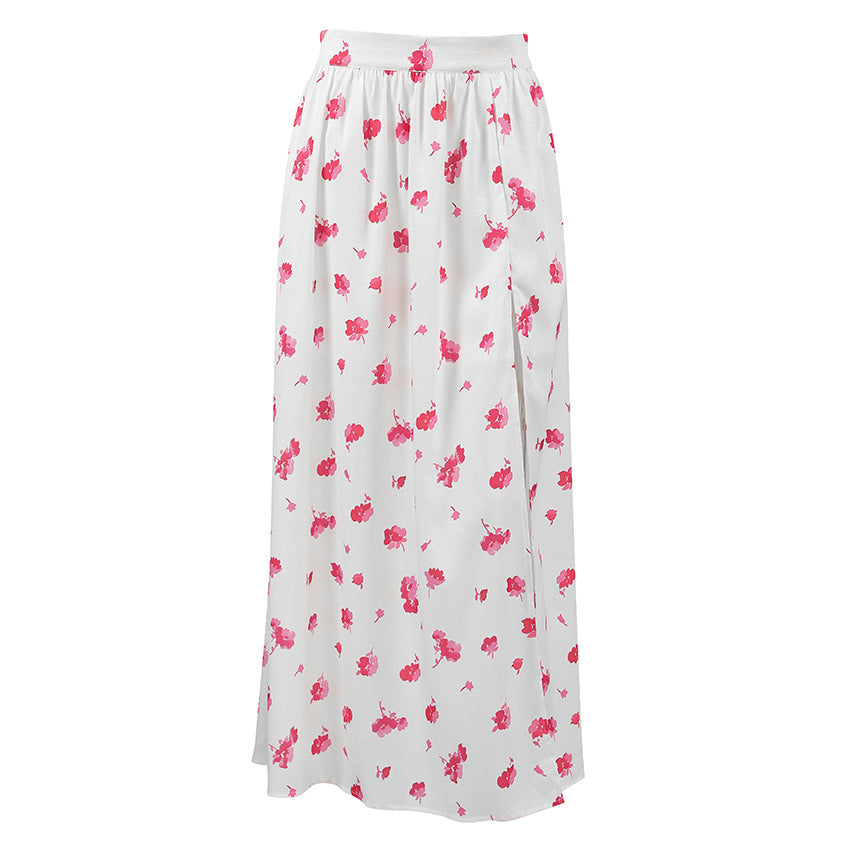 XAKXX Spring and summer fashionable and sexy design sense pink print split fork high waist commuter half-body Russian commuter women's dress
